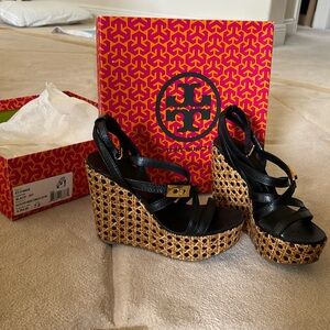 Tory Burch wedges size 7.5. Black, Dalcin high wedge tumbled leather.